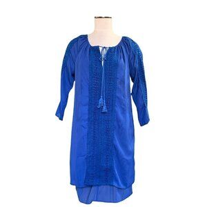 NWT Sheilay Layered Dress Blue Embr. Tassel Tie Sz S Casual Shift Dress #215A